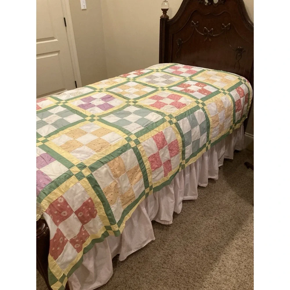 Vintage Hand Sewn Nine Patch Quilt Top Sashing And Cornerstones 70x81 Unfinished